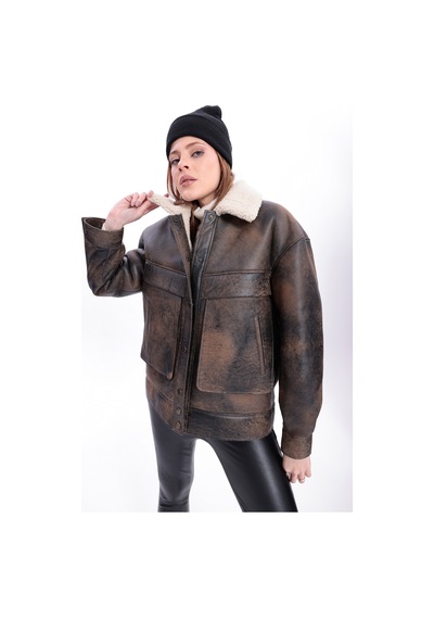 M M Marki Marki Kadın Hakiki Deri Ceket, İçi Kürklü, 58 Cm, Oversize, Sportif Eskitme Model - 119922 Kahverengi Eskitme