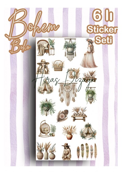 Hiras Dizayn Bohem Boho Temalı Sticker Seti 6 Sayfa Çok Renkli