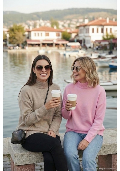 Lela Oversize Fit Balıkçı Yaka Yumuşak Dokulu 2'Li Paket Triko Bayan Kazak 680Kz00469S2 Vizon-Şeker Pembe