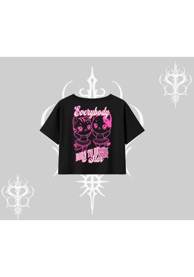 Startmore Startmore Born To Be A Star Yazılı Sevimli Kedi Arka Baskılı Oversize Crop Tshirt Siyah