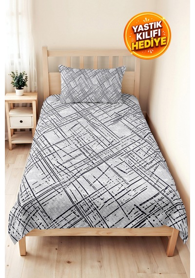 Gri Geometrik Genç Odası Tek Kişilik Pike Takımı - Antrasit Çizgili 160x220 Cm Kapitone Yatak Örtüsü Mavi