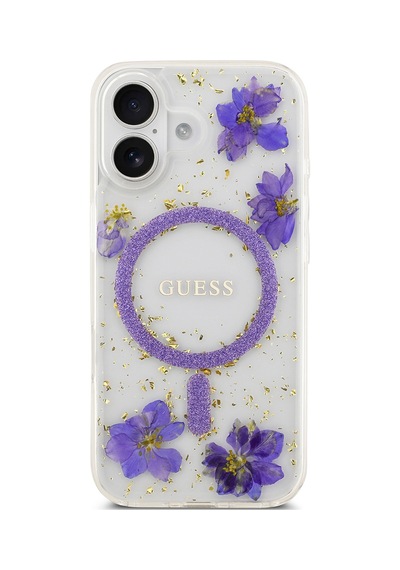 Apple Uyumlu iPhone 17 Kılıf Guess Lisanslı M-safe Özellikli Transparan Resin Flowers Kapak Mor Mor