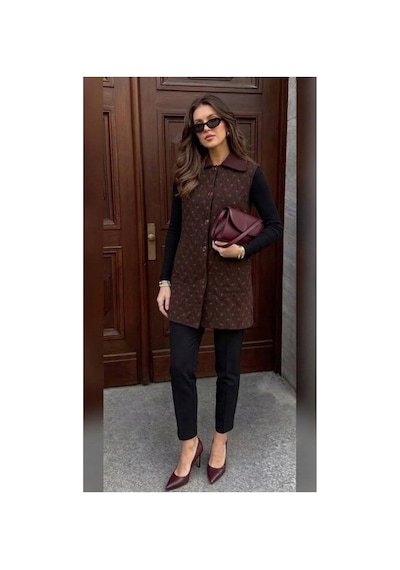 Onno Style Women Desenli Çelik Örgü Uzun Triko Kadın Yelek Kaban Bordo