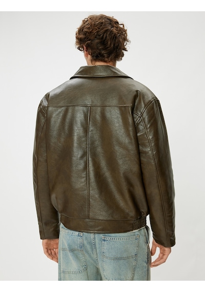 Koton Suni Deri Ceket Slim Fit Gömlek Yaka Pamuk Karışımlı Khakı 5wam20031hw Haki