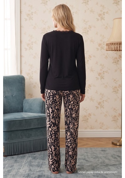 Siyah İnci Siyah Desenli Düğmeli Dantelli Viskon Örme Pijama Takım 26224677