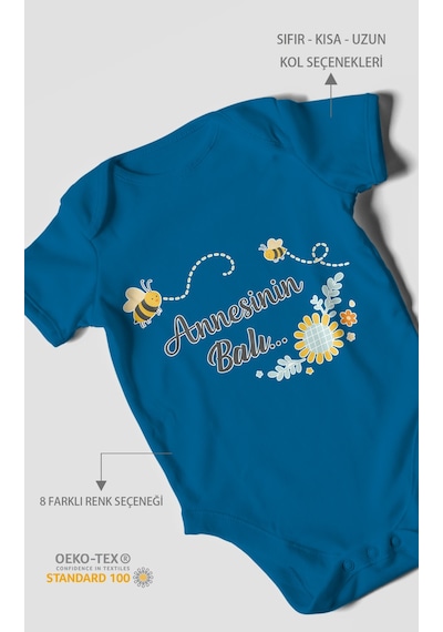Morivokids Annesinin Balı Kısa Kollu Bebek Body %100 Pamuk Koyu Mavi