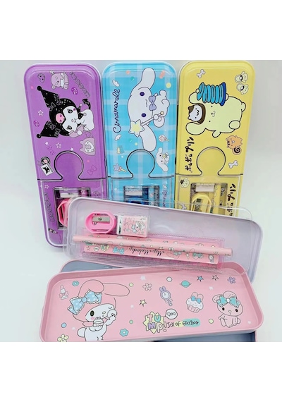 Kawaii Sanrio My Melody Metal Kalem Kutusu Kırtasiye Seti Cinnamoroll Kuromi Kalemlik Hediye Seti Pembe