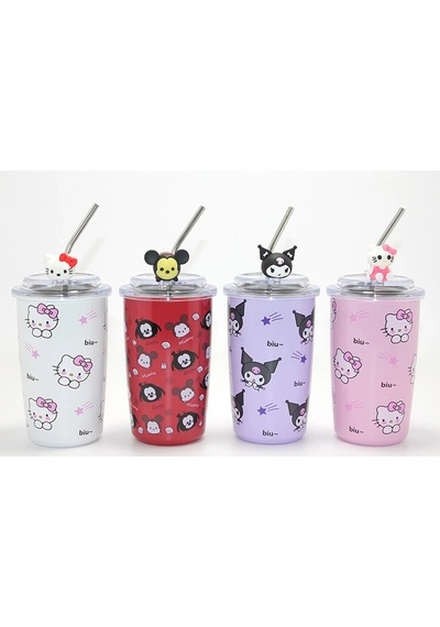 Sanrio Hello Kitty & Kuromi Figürlü Isı Muhafazalı Metal Pipetli Çelik Kupa Alk4428 Çok Renkli