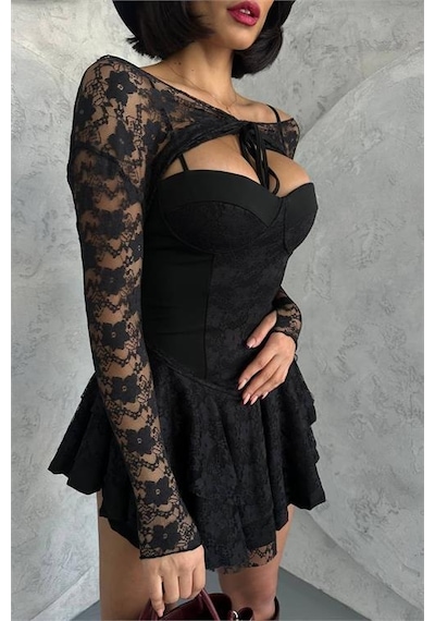 Dip Moda Kadın Bolero Detaylı Güpür Prenses Elbise Dpnbdf107 Siyah