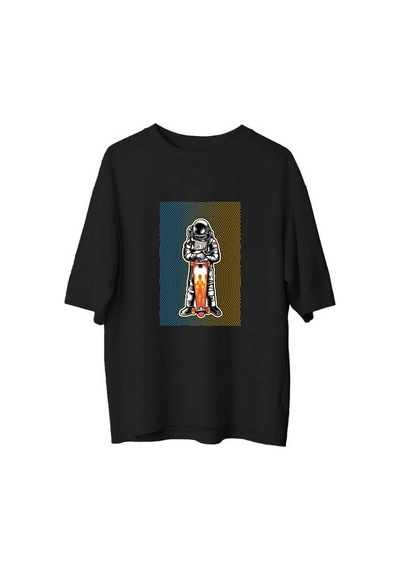 Paybuy Erkek Oversize Tişört Astronot Kaykay Baskısı Bold Line Art Dinam Siyah