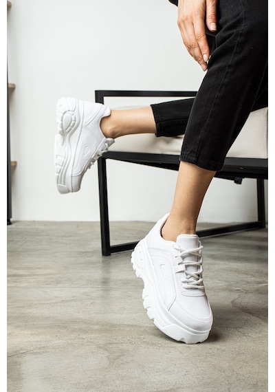 Nstil Günlük Kadın Spor Ayakkabı Yüksek Kalın Taban 6 Cm Suni Deri Sneaker 001 Beyaz