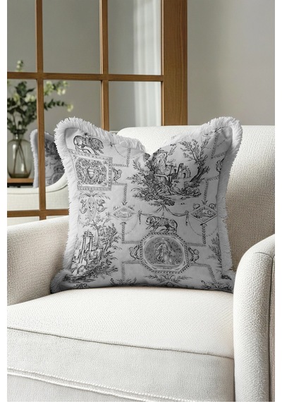Vintage Toile De Jouy Saçaklı Yastık Kılıfı - Klasik Pastoral Gri Krem Vizon Püsküllü Kırlent Kılıfı Kahverengi