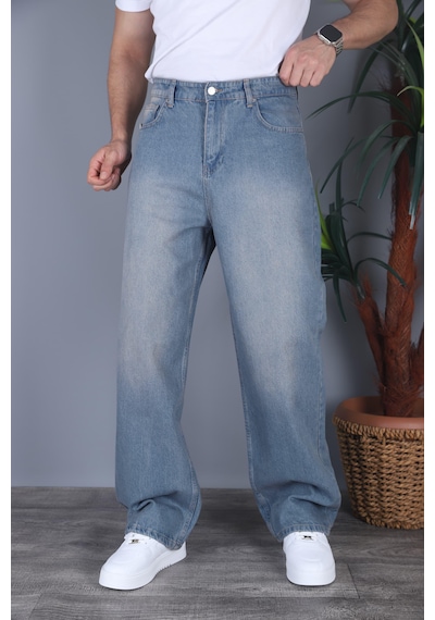 Felvıno Erkek Yıkamalı Süper Baggy Bol Kesim Kot Pantolon Mavi
