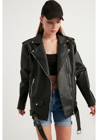 Meecy Kadın Oversize Biker Deri Ceket Siyah Siyah