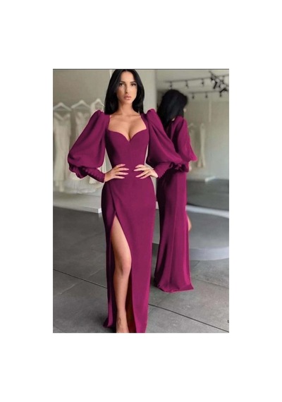 Lior Design Kadın Modern Stil Esnek Krep Kumaş Dik Yaka Yırtmaçlı Abiye Elbise Mürdüm