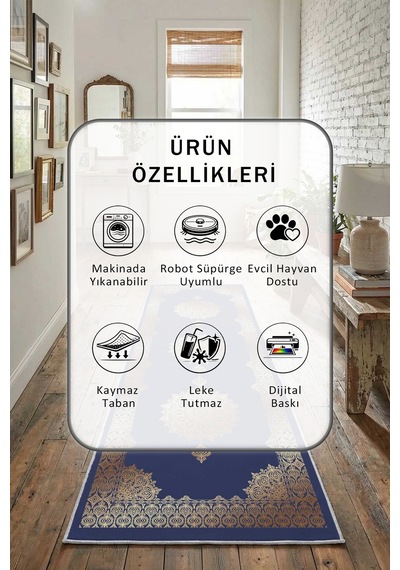 Dolmabahçe Lacivert Gold Dijital Baskılı Yıkanabilir Yolluk
