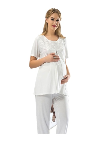 Sistina Hamile Lohusa Pijama Takımı - 1606-1 Açık Bej - Beyaz