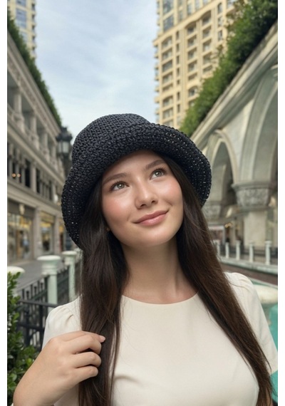 Mollycrush Kadın Siyah Yazlık Örgü Bucket Şapka Güneş Koruyucu Trend Kova Model Antrasit Siyah