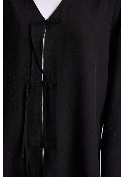 Defacto Regular Fıt V Yaka Krinkıl Kumaş Siyah Kimono H1869ax26smbk81 Siyah-bk81