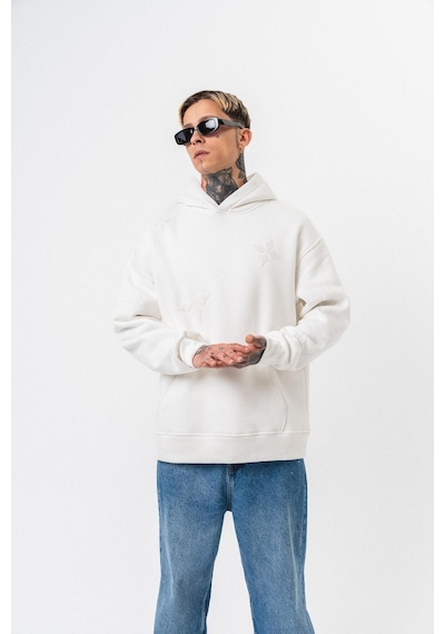 Respire Erkek Süzene Nakış Detaylı Kapüşonlu Oversize Hoodie Ekru