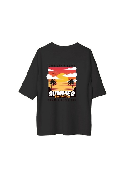 Paybuy Kadın Oversize Baskılı Tişört California Beach Sunset Palmiye Des Siyah