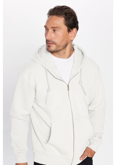 Tudors Unisex Relax Fit Rahat Kesim Pamuklu İçi Polarlı Çift Cepli Fermuarlı Beyaz Kapüşonlu Sweatshirt-32826 Beyaz