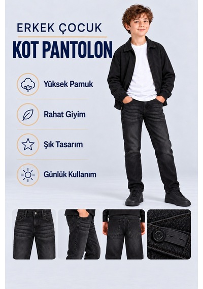 Ahengim Erkek Çocuk Desenli Kot Pantolon Düz Paça Jean Ak140493 Siyah