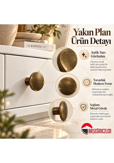 Haskan Yuvarlak Düğme Kulp Antik Sarı
