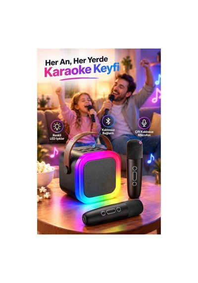 Robeve Blic 2 Mikrofonlu Çocuk Karaoke Hoparlör Ve Bluetooth Hoparlör Led Işıklı Mini Karaoke Seti, 6 Farklı Ses Efekti, Uzun Pil Ömrü, Taşınabilir Çocuk Mikrofonu Ve Çocuk Müzik Aleti Siyah
