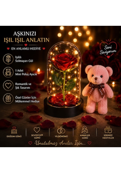 Led Işıklı Mika Fanus Solmayan Yapay Kırmızı Gül & 1 Mini Peluş Ayıcık Sevgiliye Romantik Hediye Set