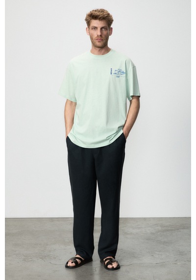 Grımelange Alonzo Erkek Oversize Fit %100 Pamuk Nakışlı Ve Baskılı Mint Yeşil T-shirt Mint Yeşili
