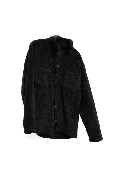 Unisex Siyah Düğme Detaylı Cepli Peluş Ceket Siyah