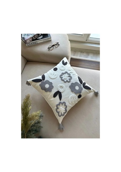 Punch Nakışlı & Püsküllü Kırlent Kılıfı Krem Kumaş Gri - 756604522 Gri