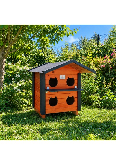 4 Yuvalı Ahşap Kedi Evi Dış Ortam