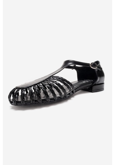 Luvishoes Onos Siyah Örgü Detaylı Kadın Sandalet Siyah