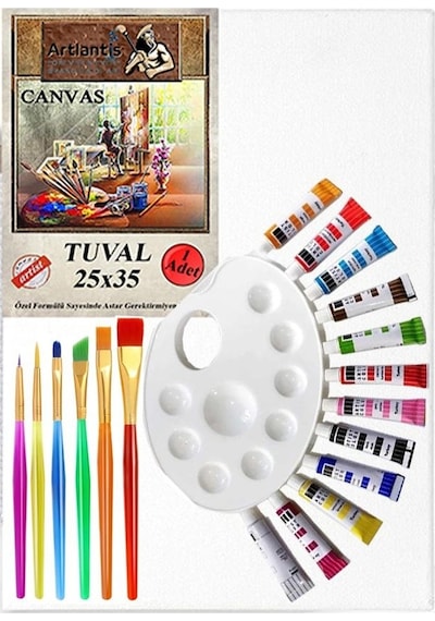 Guaj Boya Hobi Boyama Seti 1 Paket 25x35 Cm Tuval 12 Li Guaj Boya Tüp Resim Paleti Fırça Seti 6 Lı Çok Renkli