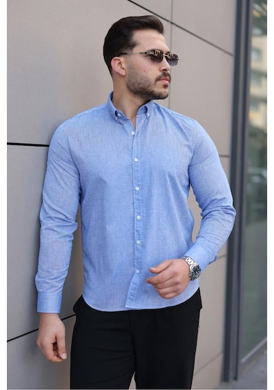 Baselco Premum Dik Yakalı Slim Fit Keten Görünümlü Gömlek Çok Renkli