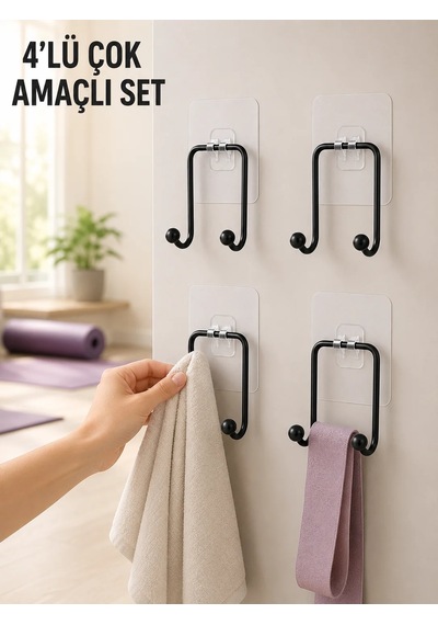 4'lü Duvar Tipi Yapışkanlı Askı Pratik Ev Ve Banyo Askılık Seti Siyah