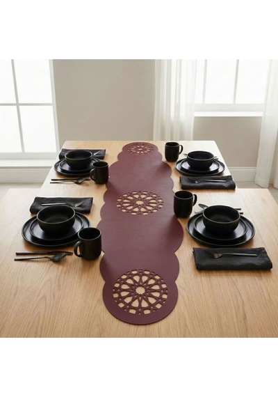 1 Adet Deri Runner-40x140 Cm-yıldız Desenli Runner Bordo