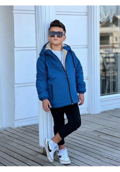 Pina Kids Erkek Çocuk Kürklü Çıkarılabilir Kapüşonlu Oversize Kışlık Mont Km4030 Saks