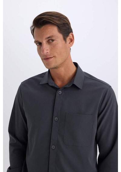 DeFacto Regular Fit Polo Yaka Basic Düz Gofre Uzun Kollu Gömlek D8713AX25SPAR15