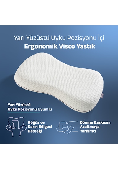 Curvesleep Ergonomik Visco Uyku Yastığı, Karın Üstü, Yarı Yüzüstü Ve Yan Uyku İçin Ortopedik Destek, 60x38x11cm Beyaz