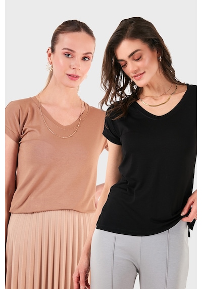 Lela V Yaka Relaxed Fit Yırtmaç Detaylı 2'Li Paket Bayan Bluz 5862000S2 Siyah-Bisküvi