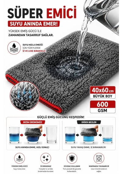 Premium 600 Gsm Peluş Mikrofiber Araç Kurulama Havlusu 40x60 Cm Ultra Emici Oto Kurulama Bezi Çizmez İz Ve Tüy Bırakmaz