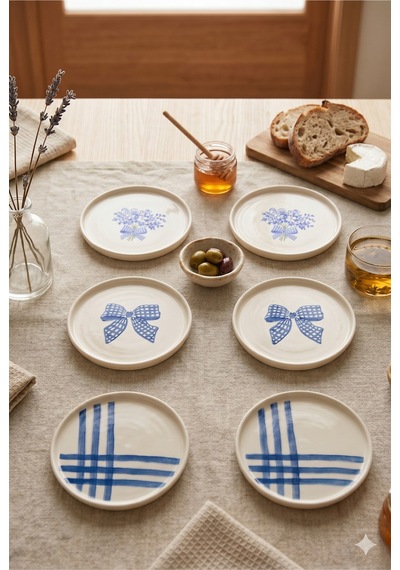 Blue Gift 6 Lı Seramik Pasta Tabağı 20 Cm Mavi Desenli 6 Kişilik Tatlı Sunum Servis Tabak Seti Beyaz