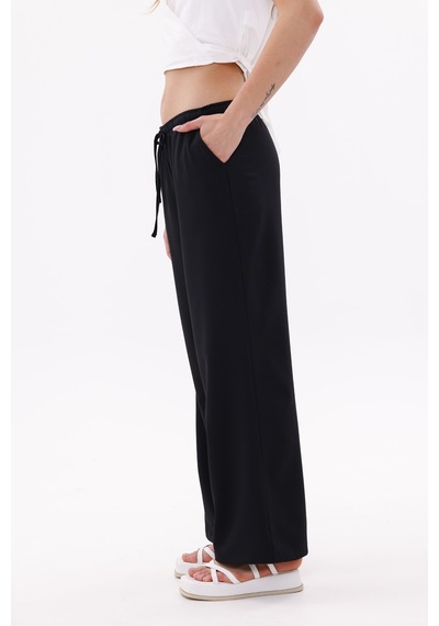 Genius Store Kadın Pantolon Geniş Paça Pamuklu Viskon Cepli Pantolon Beli Lastikli Genişpaça-pantolon Siyah