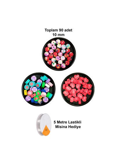 90 Adet 10 Mm Polimer Kil Fimo Boncuk Takı Bileklik + 5 Metre Misina Hediye - Deniz - Kalp - Yuvarlak