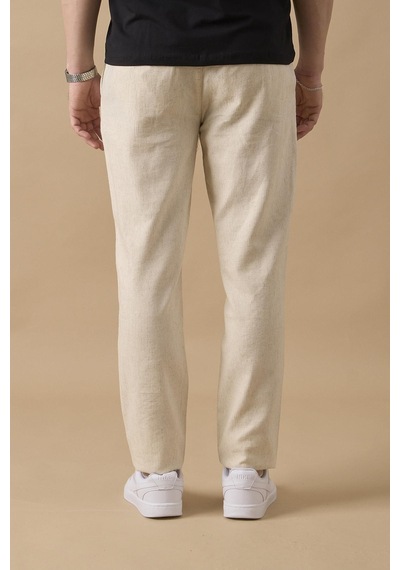 Braccas Erkek Bej Slim Fit Keten Karışımlı Çizgili Pantolon Bej