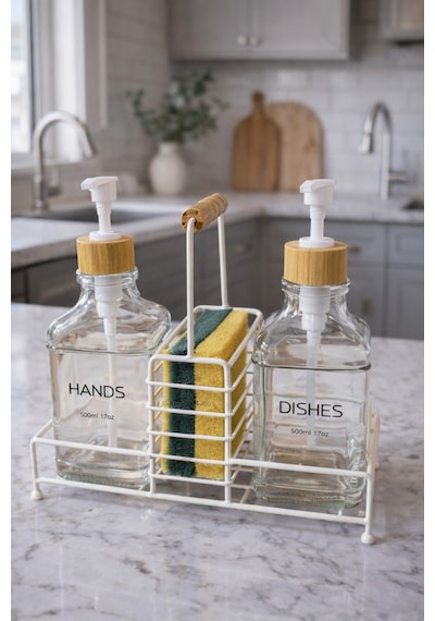 Makri Home Lüks Stantlı Bambu Kapaklı İkili Cam Sıvı Sabunluk & Deterjanlık Seti 2 500 Ml, 22,5 8,5 24 Cm Şeffaf