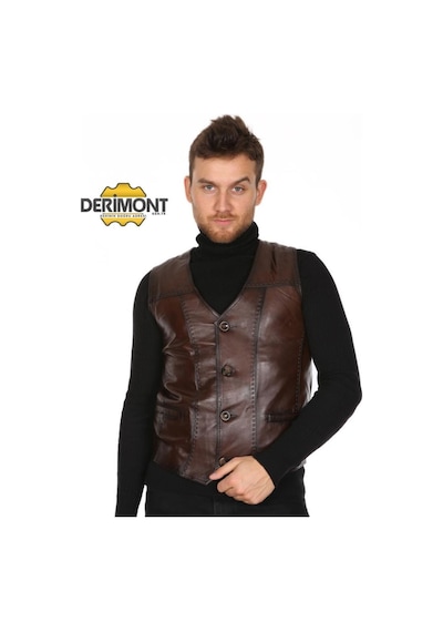 Deriwork Hakiki Kuzu Derisi Kahverengi İşlemeli Erkek Deri Yelek Çay